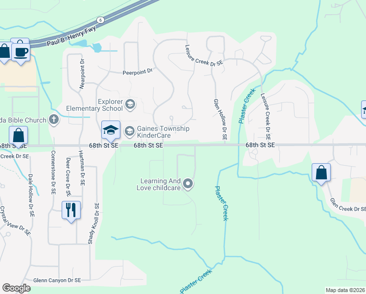 map of restaurants, bars, coffee shops, grocery stores, and more near 2555 68th Street Southeast in Caledonia