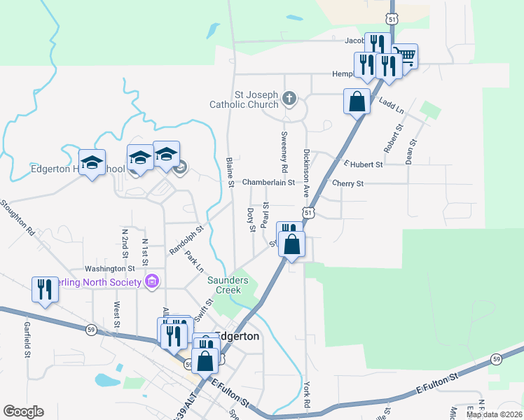 map of restaurants, bars, coffee shops, grocery stores, and more near 709 Pearl Street in Edgerton