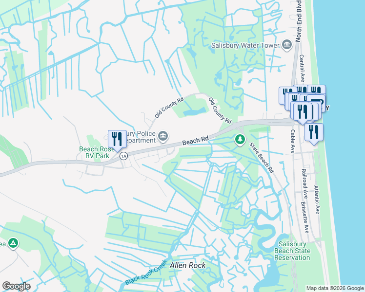 map of restaurants, bars, coffee shops, grocery stores, and more near 192 Beach Road in Salisbury