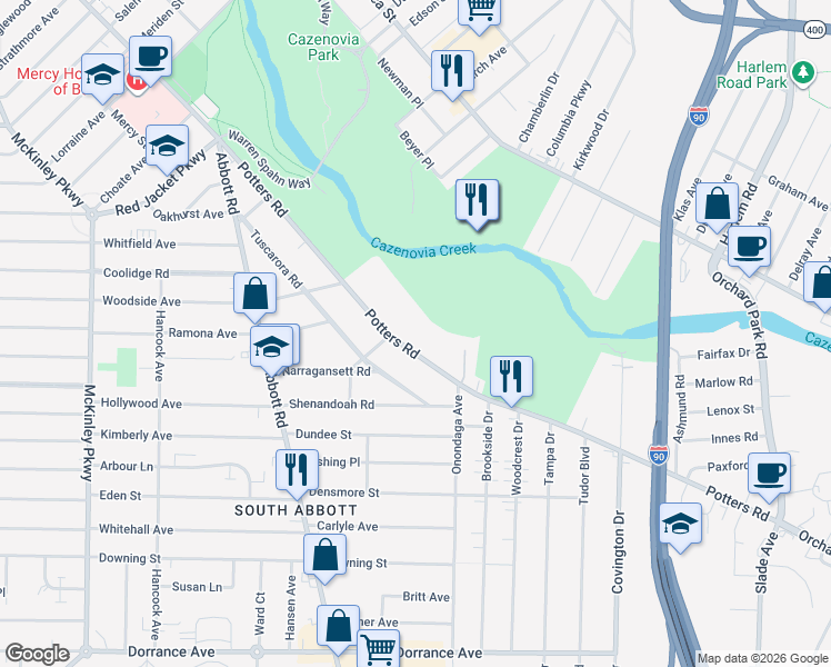 map of restaurants, bars, coffee shops, grocery stores, and more near 282 Potters Road in Buffalo