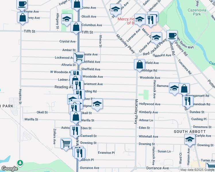 map of restaurants, bars, coffee shops, grocery stores, and more near 124 Mariemont Avenue in Buffalo