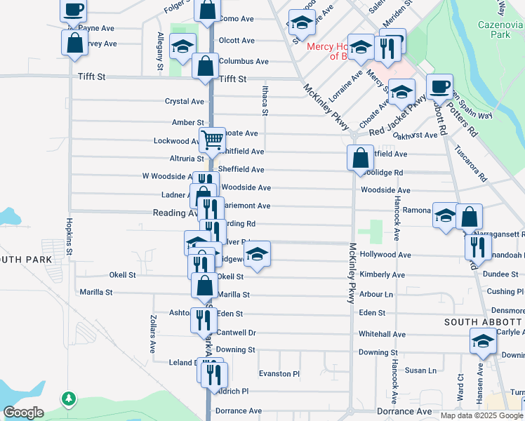 map of restaurants, bars, coffee shops, grocery stores, and more near 84 Mariemont Avenue in Buffalo