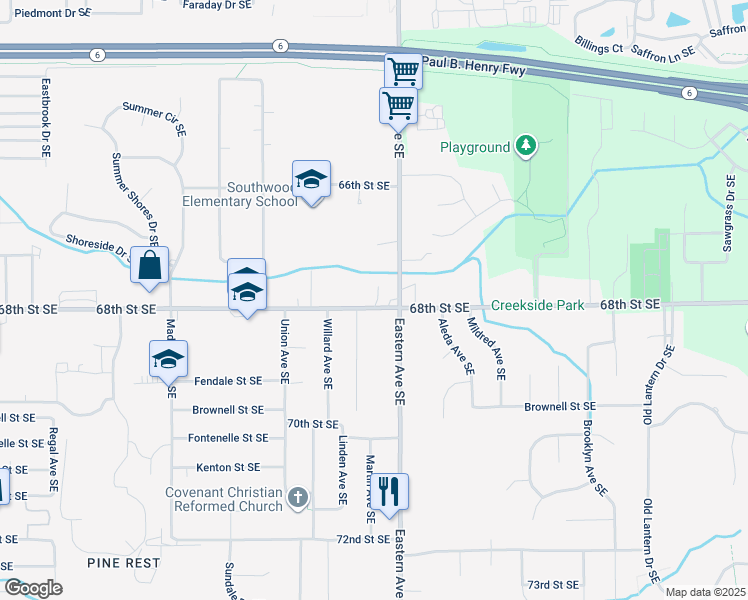 map of restaurants, bars, coffee shops, grocery stores, and more near 6763 Eastern Avenue Southeast in Grand Rapids