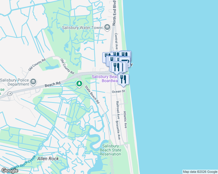 map of restaurants, bars, coffee shops, grocery stores, and more near 6 Broadway in Salisbury