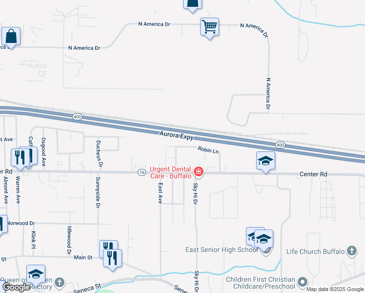 map of restaurants, bars, coffee shops, grocery stores, and more near in Buffalo