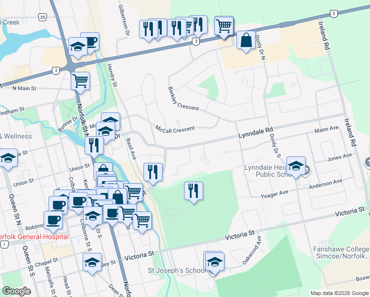 map of restaurants, bars, coffee shops, grocery stores, and more near in Simcoe