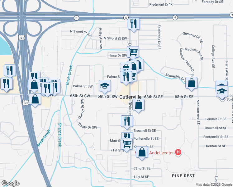 map of restaurants, bars, coffee shops, grocery stores, and more near 6716 Carter Avenue Southwest in Grand Rapids