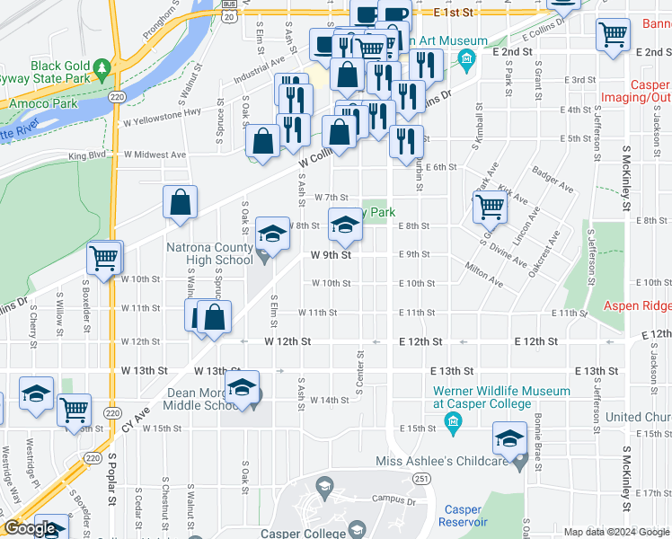 map of restaurants, bars, coffee shops, grocery stores, and more near 927 South David Street in Casper