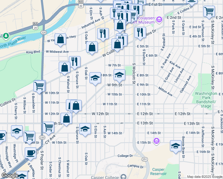 map of restaurants, bars, coffee shops, grocery stores, and more near 231 West 9th Street in Casper