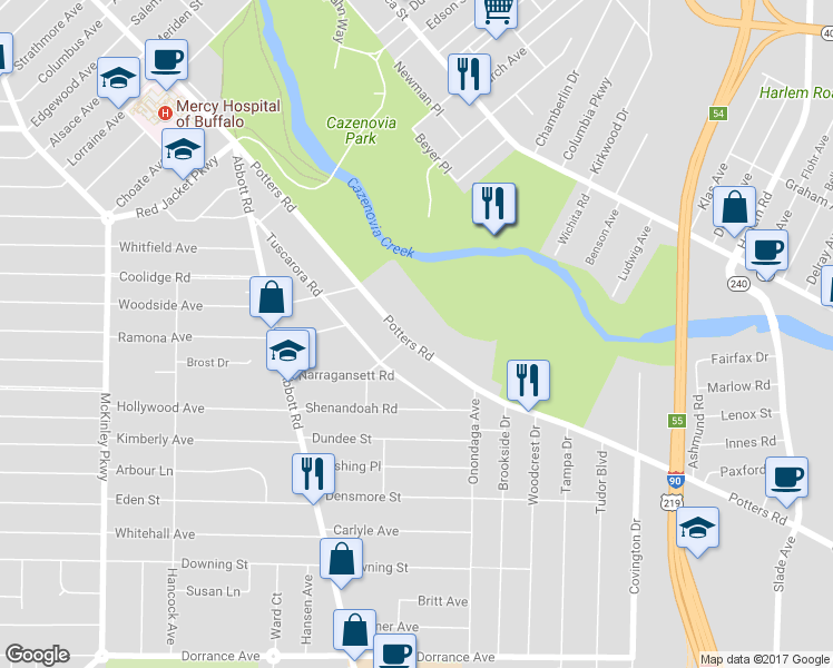 map of restaurants, bars, coffee shops, grocery stores, and more near 282 Potters Road in Buffalo