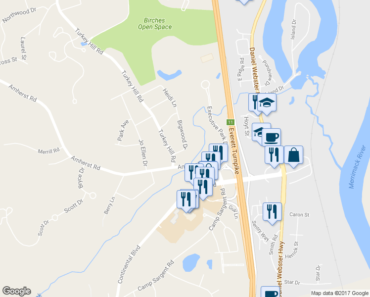 map of restaurants, bars, coffee shops, grocery stores, and more near 12 Bigwood Drive in Merrimack