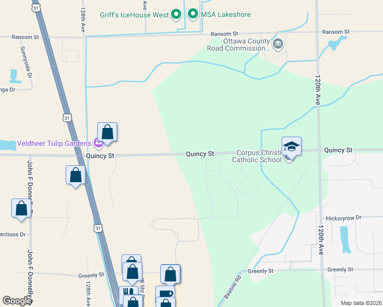 map of restaurants, bars, coffee shops, grocery stores, and more near 12345 Quincy Street in Holland
