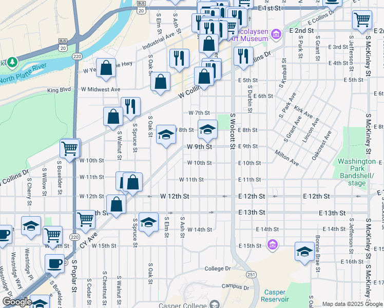 map of restaurants, bars, coffee shops, grocery stores, and more near 231 West 9th Street in Casper