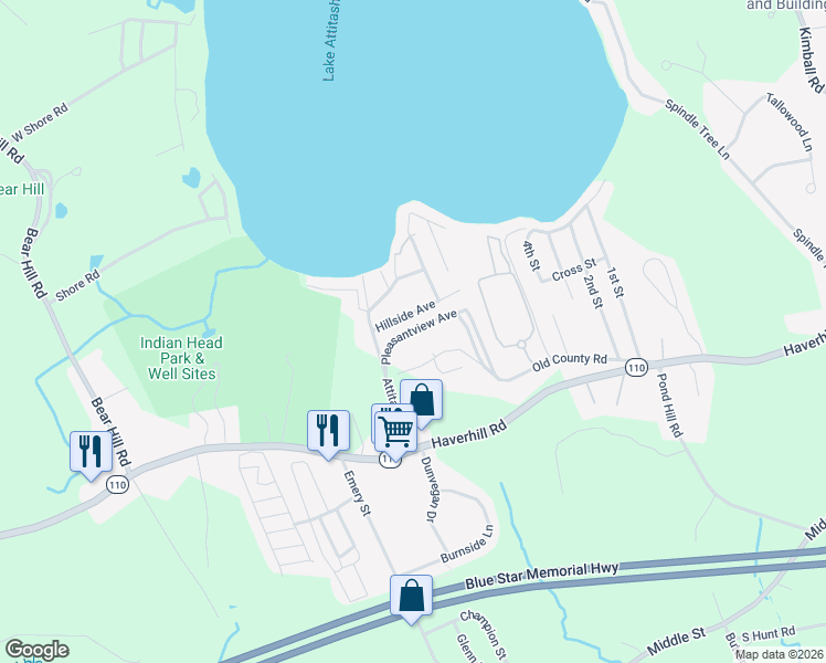 map of restaurants, bars, coffee shops, grocery stores, and more near 13 Pleasantview Avenue in Merrimac
