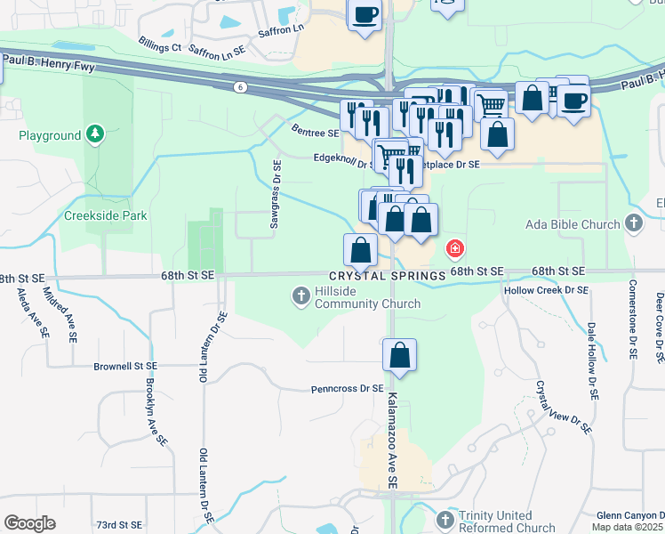 map of restaurants, bars, coffee shops, grocery stores, and more near 1479 68th Street Southeast in Grand Rapids