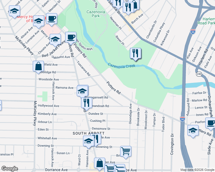 map of restaurants, bars, coffee shops, grocery stores, and more near 246 Potters Road in Buffalo