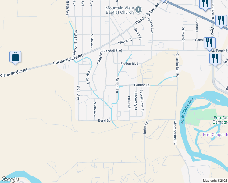 map of restaurants, bars, coffee shops, grocery stores, and more near 678 Badger Lane in Mills