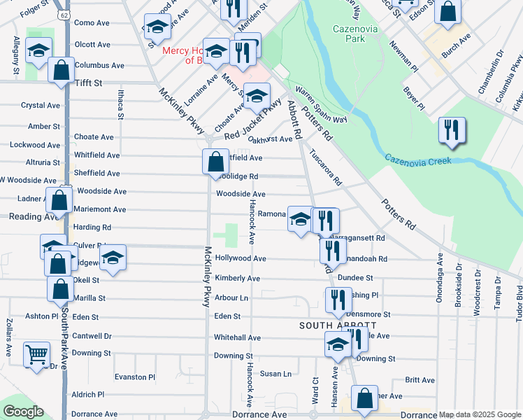 map of restaurants, bars, coffee shops, grocery stores, and more near 323 Woodside Avenue in Buffalo
