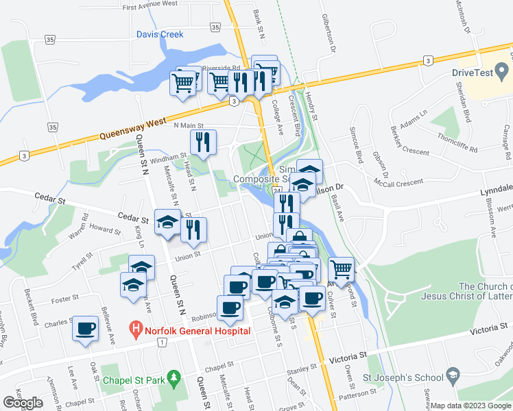 map of restaurants, bars, coffee shops, grocery stores, and more near 169 Kent Street North in Simcoe
