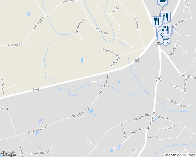 map of restaurants, bars, coffee shops, grocery stores, and more near 4 Old Nashua Road in Londonderry