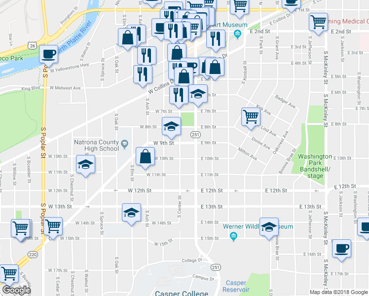 map of restaurants, bars, coffee shops, grocery stores, and more near 915 South Center Street in Casper
