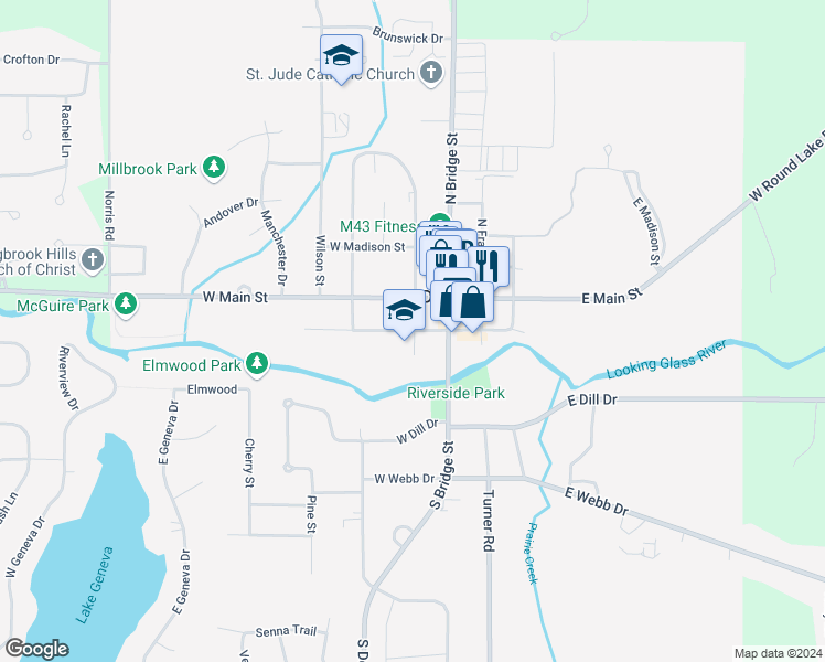 map of restaurants, bars, coffee shops, grocery stores, and more near 205 West Washington Street in DeWitt