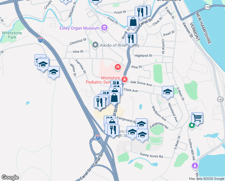 map of restaurants, bars, coffee shops, grocery stores, and more near 30 Lexington Avenue in Brattleboro