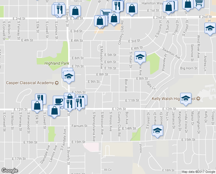 map of restaurants, bars, coffee shops, grocery stores, and more near 2647 East 9th Street in Casper