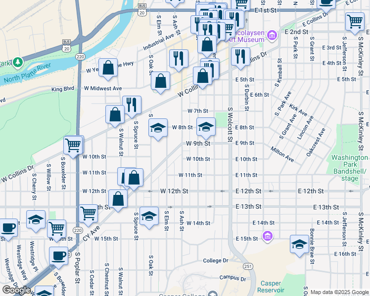 map of restaurants, bars, coffee shops, grocery stores, and more near 231 West 9th Street in Casper