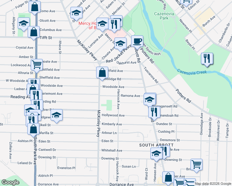 map of restaurants, bars, coffee shops, grocery stores, and more near 287 Woodside Avenue in Buffalo