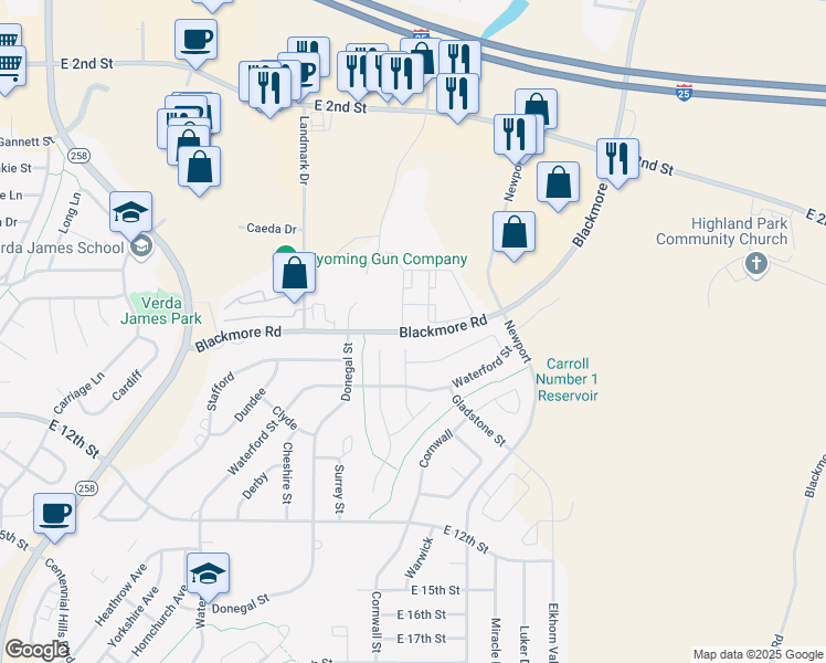 map of restaurants, bars, coffee shops, grocery stores, and more near Blackmore Road in Casper