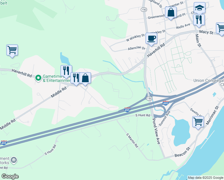 map of restaurants, bars, coffee shops, grocery stores, and more near 36 Haverhill Road in Amesbury