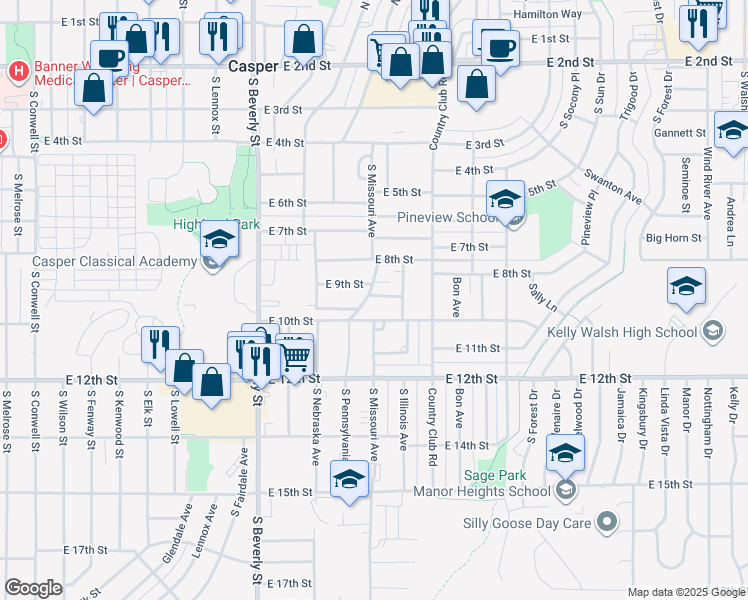 map of restaurants, bars, coffee shops, grocery stores, and more near 2555 East 9th Street in Casper