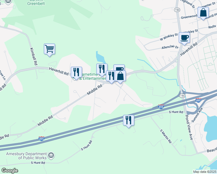 map of restaurants, bars, coffee shops, grocery stores, and more near 66 Haverhill Road in Amesbury