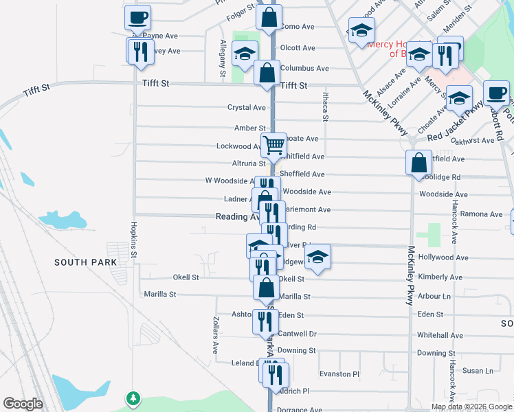 map of restaurants, bars, coffee shops, grocery stores, and more near 195 Ladner Avenue in Buffalo