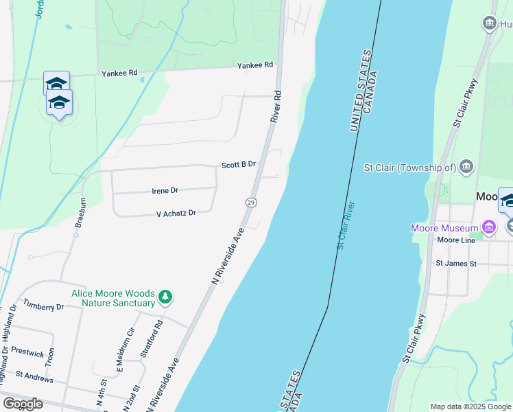 map of restaurants, bars, coffee shops, grocery stores, and more near 2435 River Road in Saint Clair