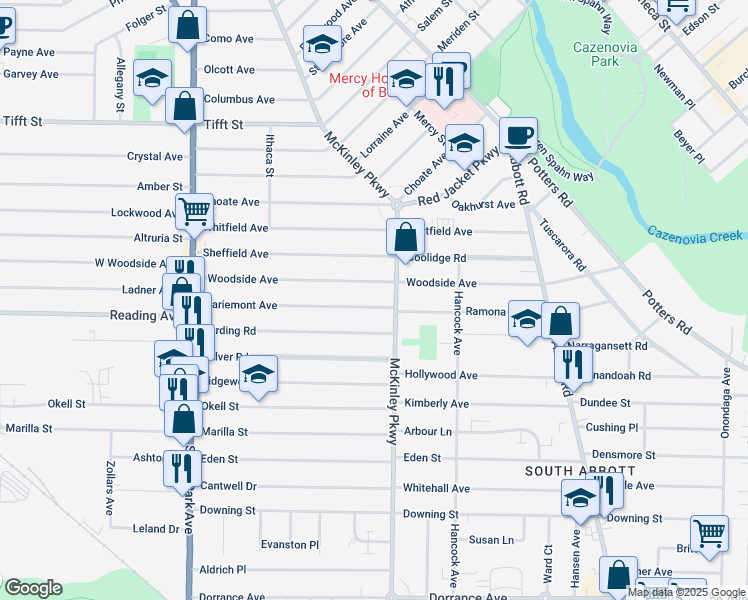 map of restaurants, bars, coffee shops, grocery stores, and more near 204 Mariemont Avenue in Buffalo
