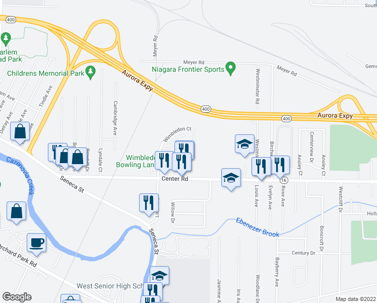 map of restaurants, bars, coffee shops, grocery stores, and more near 712 Wimbledon Court in West Seneca