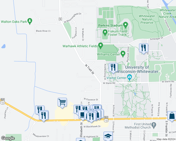 map of restaurants, bars, coffee shops, grocery stores, and more near 410 North Tratt Street in Whitewater