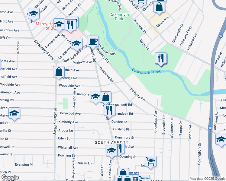 map of restaurants, bars, coffee shops, grocery stores, and more near 40 Minnetonka Rd in Buffalo