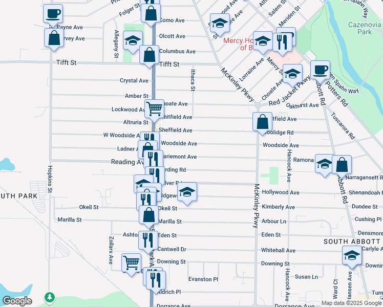 map of restaurants, bars, coffee shops, grocery stores, and more near 84 Mariemont Avenue in Buffalo