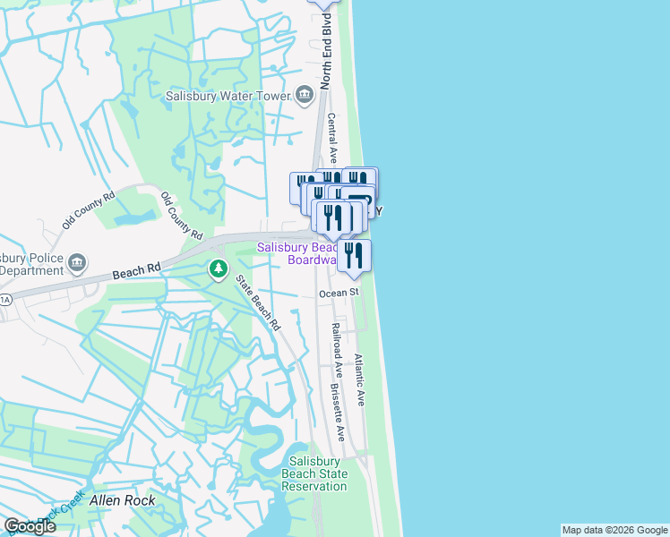 map of restaurants, bars, coffee shops, grocery stores, and more near 6 Broadway in Salisbury