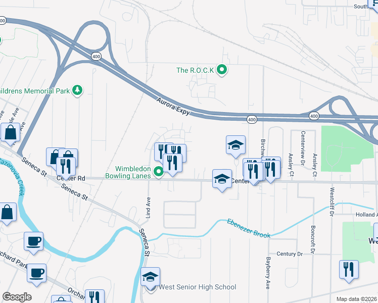 map of restaurants, bars, coffee shops, grocery stores, and more near 365 Wimbledon Court in West Seneca