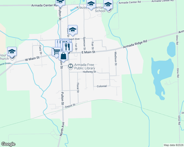 map of restaurants, bars, coffee shops, grocery stores, and more near 73873 Franklin Lane in Armada