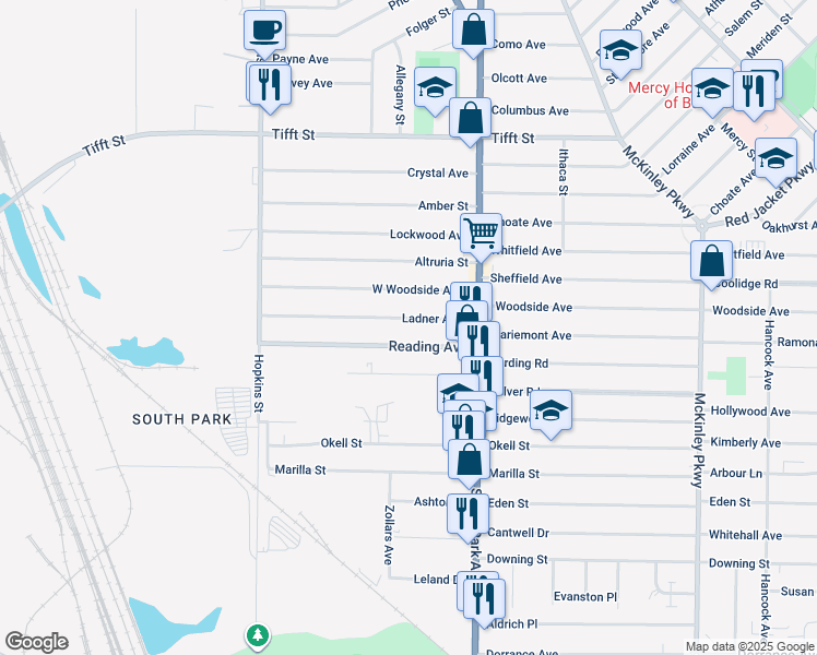 map of restaurants, bars, coffee shops, grocery stores, and more near 155 Ladner Avenue in Buffalo