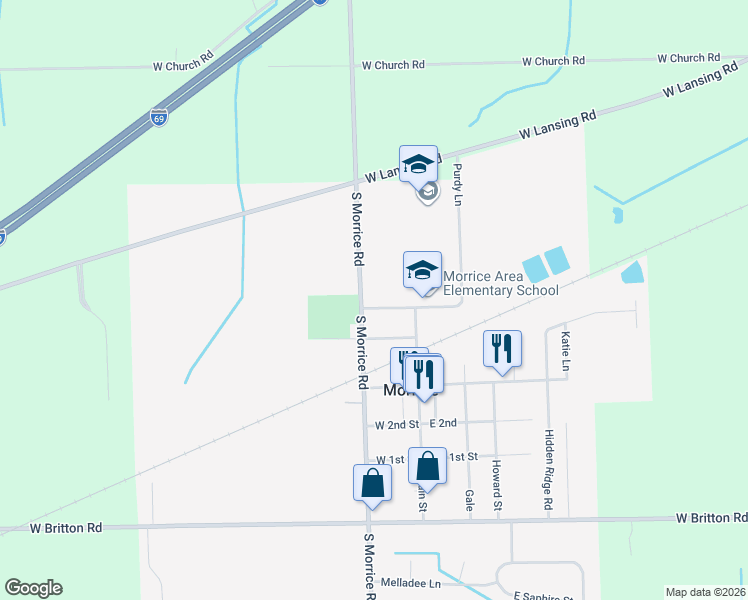map of restaurants, bars, coffee shops, grocery stores, and more near 120 West Mason in Morrice