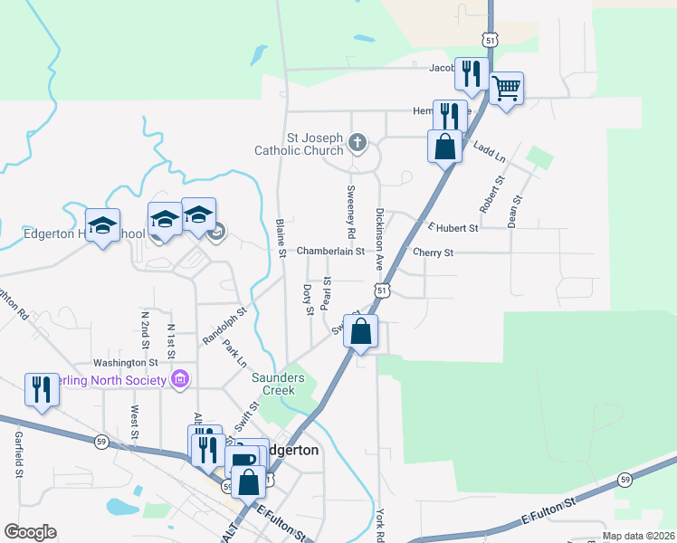 map of restaurants, bars, coffee shops, grocery stores, and more near 709 Pearl St in Edgerton