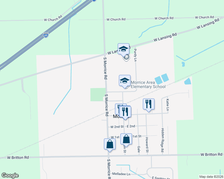 map of restaurants, bars, coffee shops, grocery stores, and more near 120 West Mason in Morrice