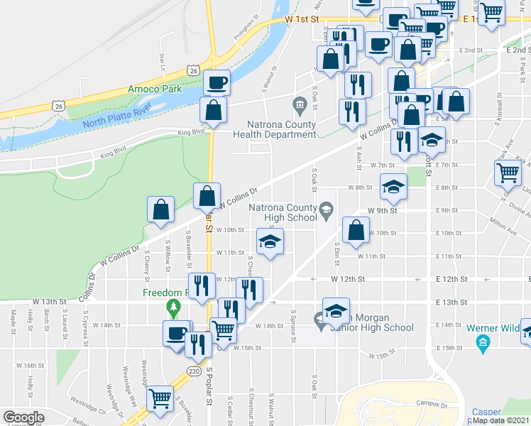 map of restaurants, bars, coffee shops, grocery stores, and more near 920 South Walnut Street in Casper