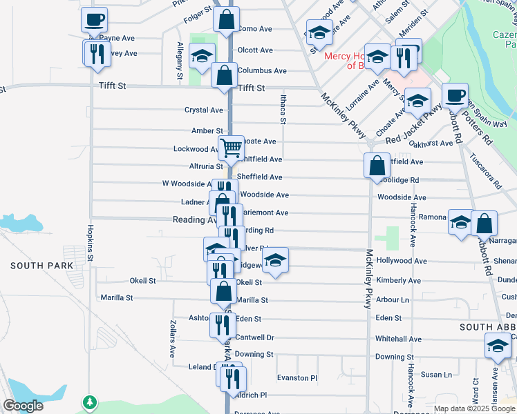 map of restaurants, bars, coffee shops, grocery stores, and more near 44 Mariemont Avenue in Buffalo